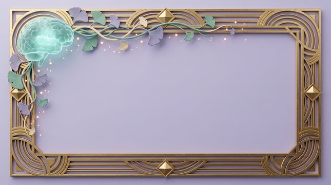 Ornate Golden Border Frame with Botanical Brain Accent on Lavender Background