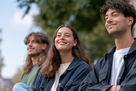 Diverse group of young adults smiling and looking up outdoors, representing friendship and optimism