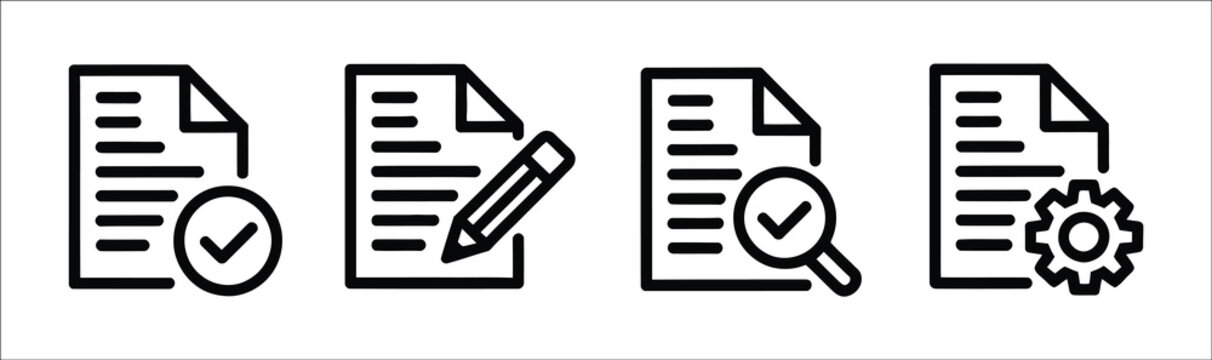 Simple black line document icon set, editing tools featuring check marks, pencils and gears for workflow, management and document processing
