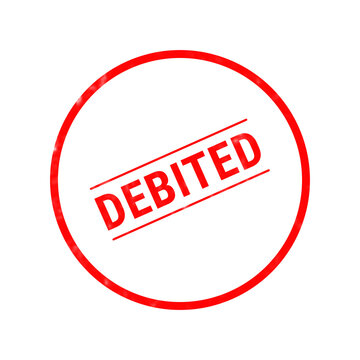 A bright red circular rubber stamp graphic featuring the word debited in bold capital letters isolated on a clean white background surface