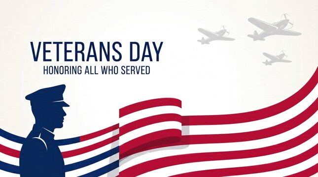 Patriotic veterans day illustration featuring a saluting soldier silhouette with the american flag and military aircraft background