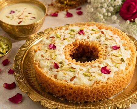 Traditional Rajasthani dessert Malai Ghevar topped with rabdi, dry fruits, saffron, and rose petals served on a vintage brass plate for Indian festivals