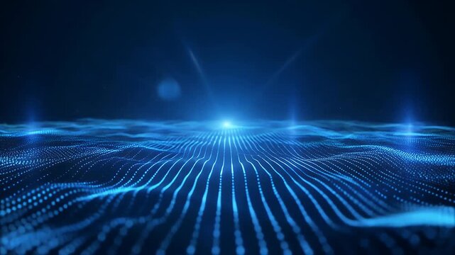 Abstract flowing digital particles create a luminous blue wave effect.