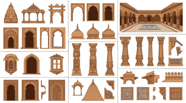 Traditional Indian Architecture Vector Set featuring Rajasthani Mughal Style Arches Carved Columns Domes Jharokha Windows and Courtyard for Palace Heritage Designs