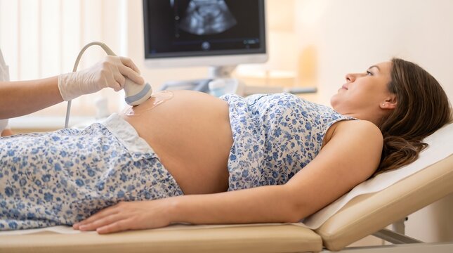 Expectant mother undergoing a crucial prenatal medical ultrasound examination, meticulously monitoring fetal development and ensuring a healthy pregnancy journey for her baby