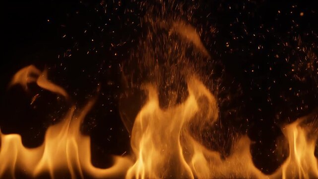 Close-up view of fire flames dancing against a dark background with sparks.