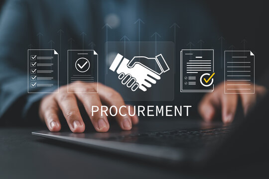Procurement process management and vendor approval concept. Businessman using laptop. contract documents, checklist, handshake agreement, purchasing workflow, supplier selection, compliance review