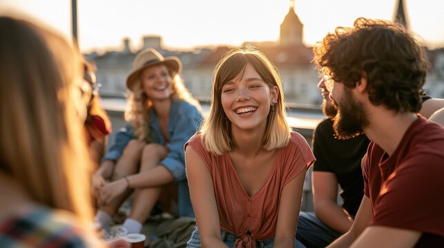 Diverse group of friends laughing and enjoying a rooftop party at sunset with city skyline background
