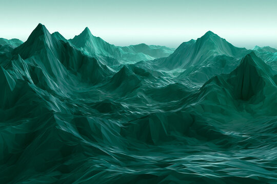Abstract Low Poly Landscape with Green Mountains and Water