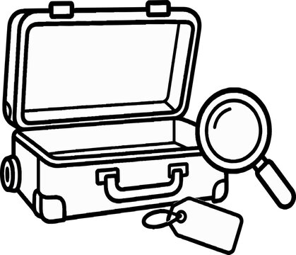 Outline icon of an open suitcase with a magnifying glass and luggage tag for travel and lost property line art travel gear lost items baggage claim business travel vacation time traveling gear