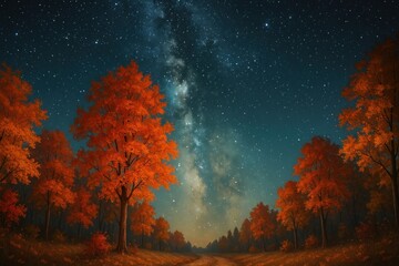 Obraz premium Starry autumn forest nightscape background