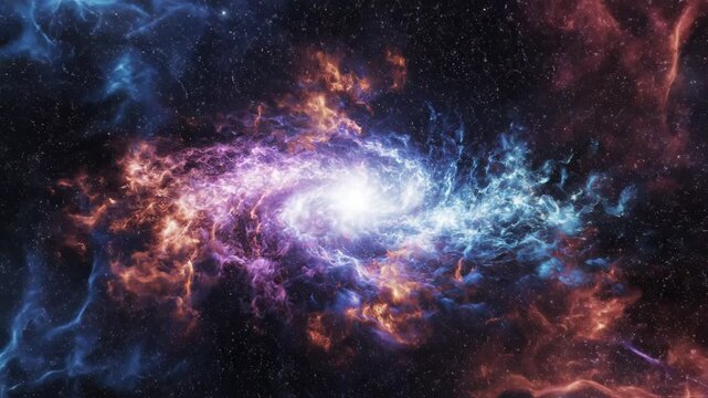 Supernova explosion animation featuring a bright energy core, concentric orange nebula gas clouds, radiating shockwaves, cosmic filaments, and particle distribution in dark space.