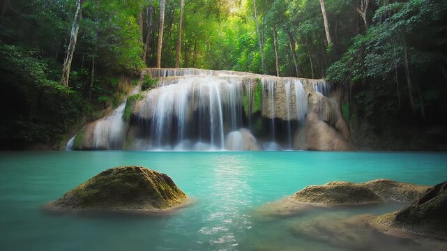 A cascading waterfall plunges into a turquoise pool, surrounded by lush green foliage.