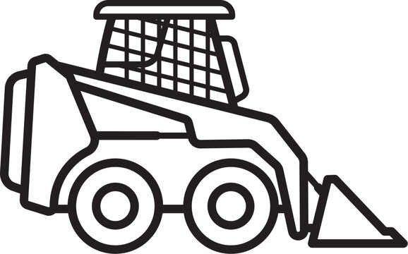 compact skid steer loader bobcat earthmover construction vehicle line outline silhouette side view simplified vector isolated on transparent background