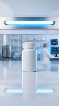 Blank white plastic pill bottle mockup on clinic desk in a dark science laboratory with blue cinematic neon glow background.