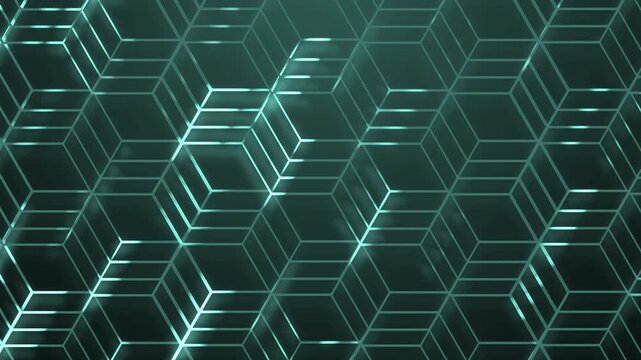 Abstract geometric pattern of interlocking hexagonal cubes with reflective edges background animation