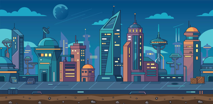 Futuristic city skyline with neon blue buildings and glowing windows for game background or digital art concept seamless loop