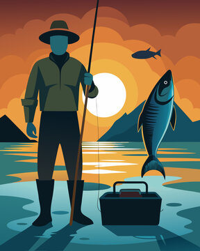 A fisherman stands by the water with a large fish and tackle box silhouette