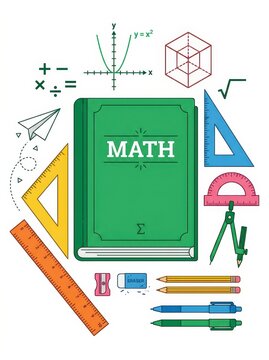 Green Mathematics Textbook with School Supplies and Math Symbols Illustration for Education and Learning Concept