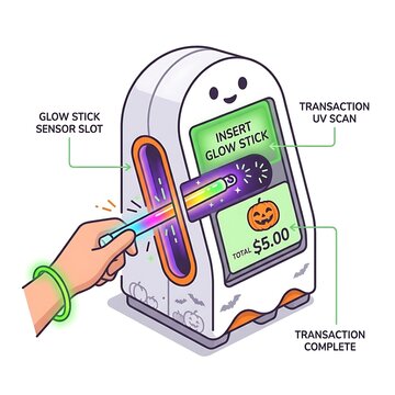 Cute ghost vending machine vector diagram showing glow stick insertion and purchase flow
