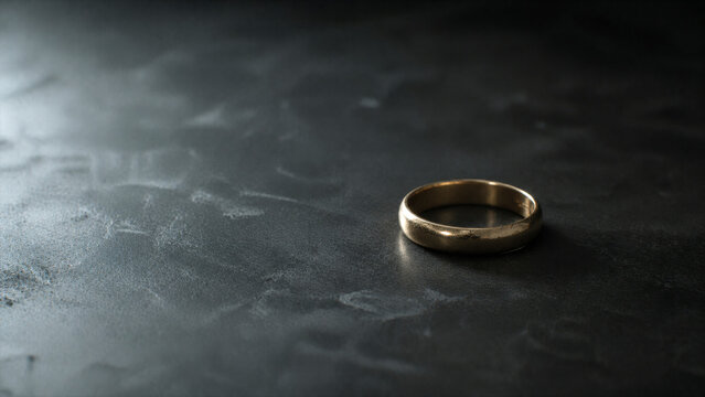 Single worn gold wedding ring lying on a dark surface with copy space, symbolizing marriage, separation, divorce and lost love