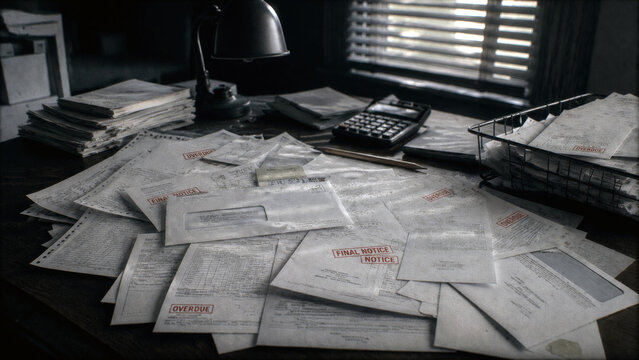 Desk covered with overdue bills, final notices, paperwork and a calculator showing financial stress, debt and payment problems