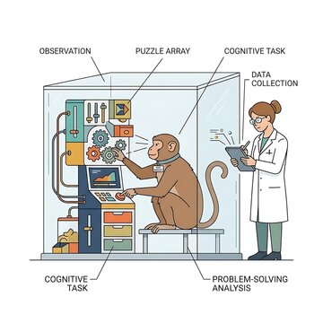 Scientific animal testing diagram showing animal inside enclosure operating mechanical puzzle device while researcher takes notes