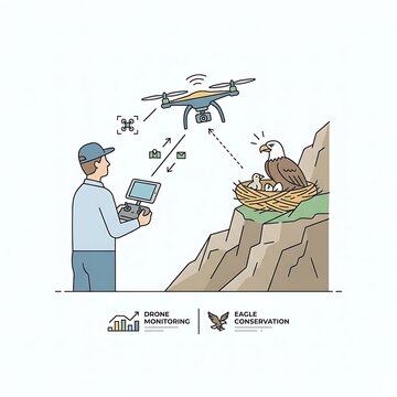 Operator controls flying quadcopter observing bird nest on rocky cliff