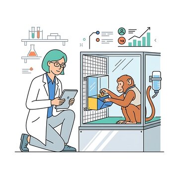 Scientist observing primate in laboratory enclosure with digital tablet