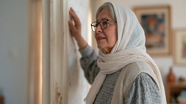 Iranian grandmother being shown the apartment she will share with her adult son's family, touching the wall texture and nodding approvingly, multigenerational home purchase