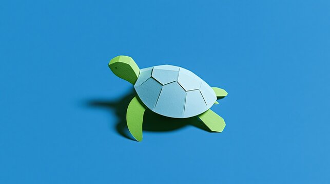 Minimalist Paper Origami Sea Turtle Floating in Clean Blue Water, Simple Aquatic Animal Craft