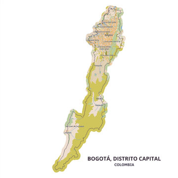 Detailed geographical map of Bogot&aacute;, Distrito Capital, Colombia, illustrating urban localities, Chapinero, Usaqu&eacute;n, Suba, and Sumapaz National Natural Park.