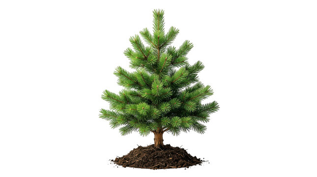 Small green pine tree sapling growing in a pile of soil isolated on transparent background