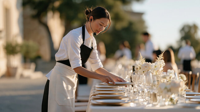 Senior wedding planner on a headset orchestrating catering setup at a luxury estate outdoor reception, directing waitstaff positioning of charger plates and glassware on long