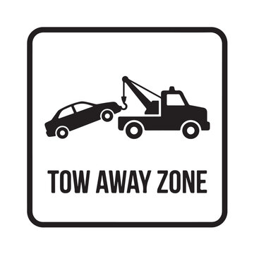 Tow away zone sign vector icon with a tow truck lifting a car silhouette