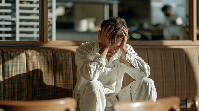 A baker sits alone in a staff sensory retreat area behind a bakery, flour still on apron, ears covered with both palms, recovering from loud kitchen overstimulation,