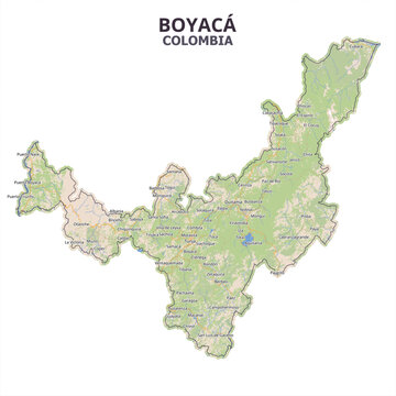 Detailed geographical map of Boyac&aacute; Department, Colombia, highlighting Tunja, Duitama, Sogamoso, Villa de Leyva, Lake Tota, and the Eastern Cordillera.