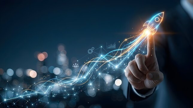 Hand Pointing at Digital Rocket Launch Graph Representing Business Growth and Strategic Success