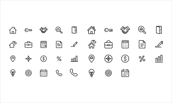 Set outline icons related to realtor. Linear icon collection. Editable stroke. Vector illustration