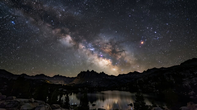Milky way galaxy over mountain lake at night
