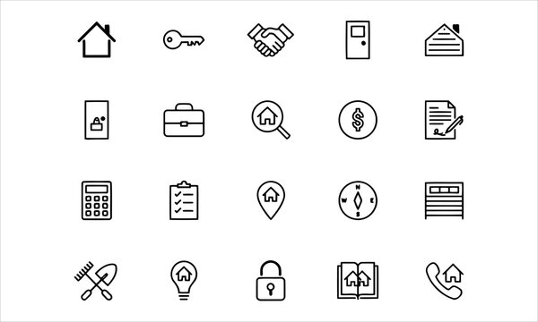 Set outline icons related to realtor. Linear icon collection. Editable stroke. Vector illustration