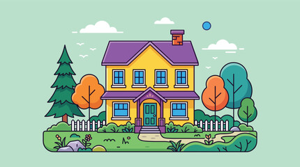 Fototapeta premium Illustration of a beautiful yellow suburban house with trees and garden in flat art style