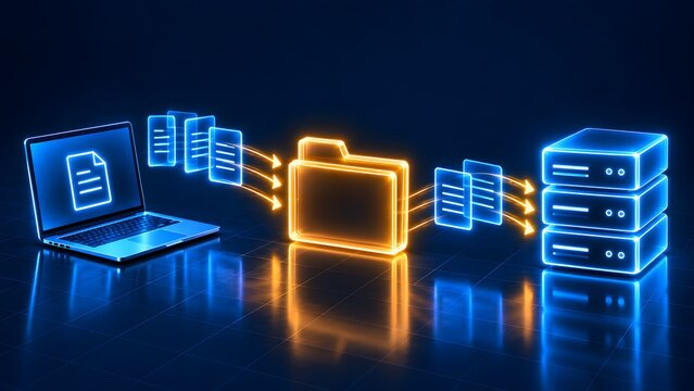 Laptop computer uploading digital documents to secure server database through glowing folder icon, representing cloud storage, automated backup, and fast data transfer.