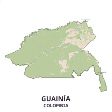Detailed geographical map of Guain&iacute;a Department, Colombia, highlighting In&iacute;rida, Guain&iacute;a River, Orinoco and Amazon basin borders, and eastern rainforest territory.