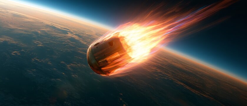 Spacecraft Capsule Reentering Earth Atmosphere With Intense Plasma Flames and Fiery Heat During Orbital Return