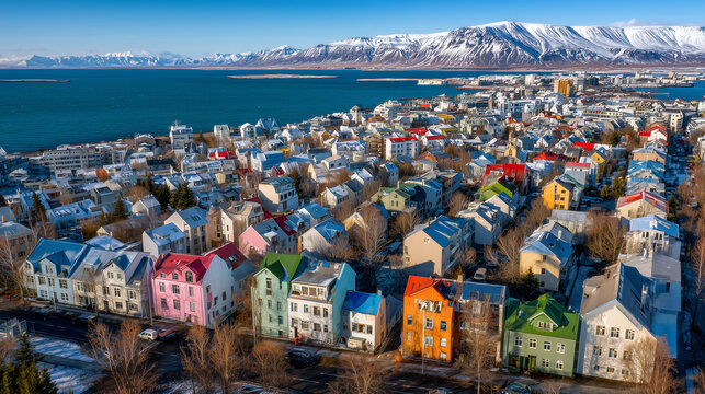 Aerial view of Reykjavik with colorful residential houses, surrounding mountains, sparkling coastline, sunny day, realistic drone photography