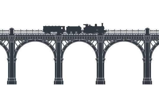 Steam locomotive traveling across vintage style arched bridge with locomotive crosses multi