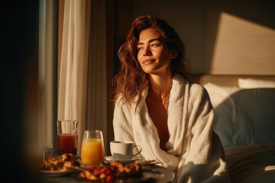 Young woman with long dark hair wearing a white bathrobe sits on a bed, enjoying breakfast with fruit, juice, and coffee in a sunlit hotel room