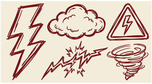 Set of weather and storm elements including lightning bolt cloud warning sign tornado sketch with line art hand drawn lightning hurricane electricity illustration engraving disaster