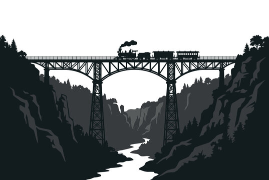 Steam locomotive crossing arched metal bridge over river in forest landscape with travels